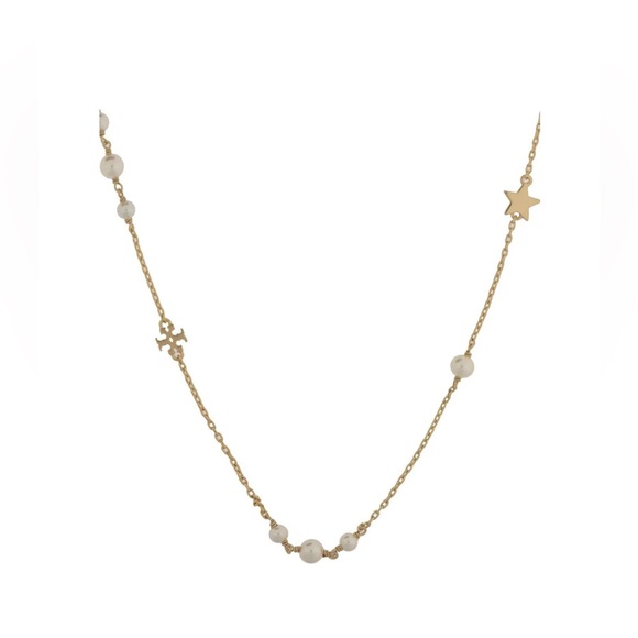 New Tory Burch Elegant Gold double t and star with pearl gold plated necklace - Picture 2 of 5